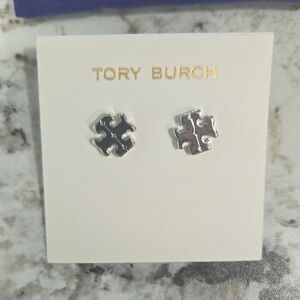 Tory Burch Silver Logo Stud Earrings With Dust Bag